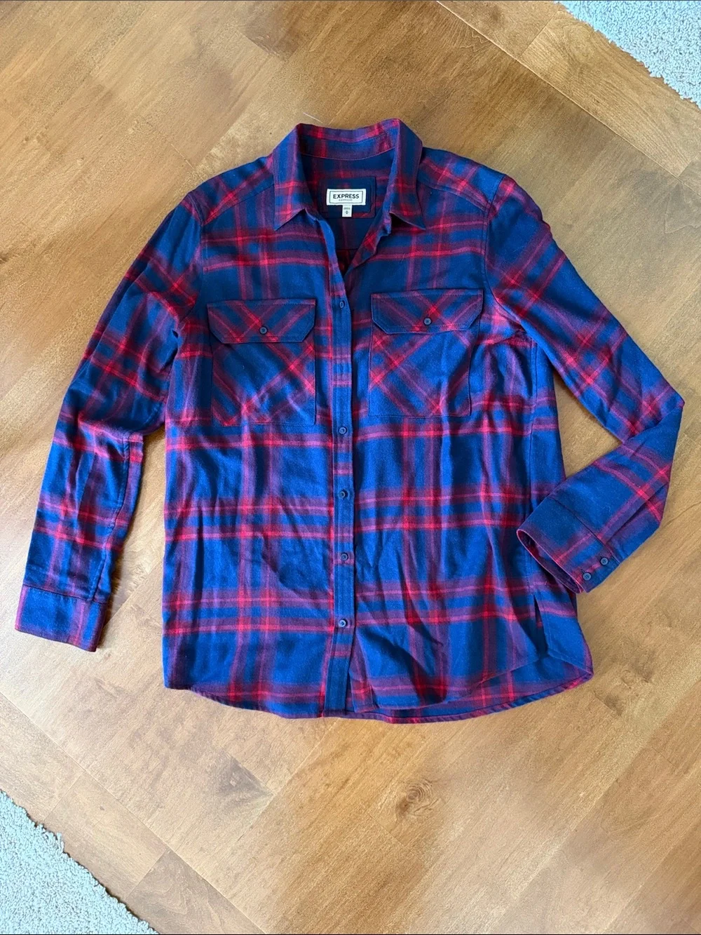 EXPRESS Boyfriend Red/Navy Plaid Button Down Flannel Shirt